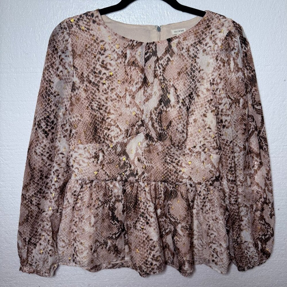 En Creme Womens Size Medium Snake Print Peplum Long Sleeve Top Metallic Detail